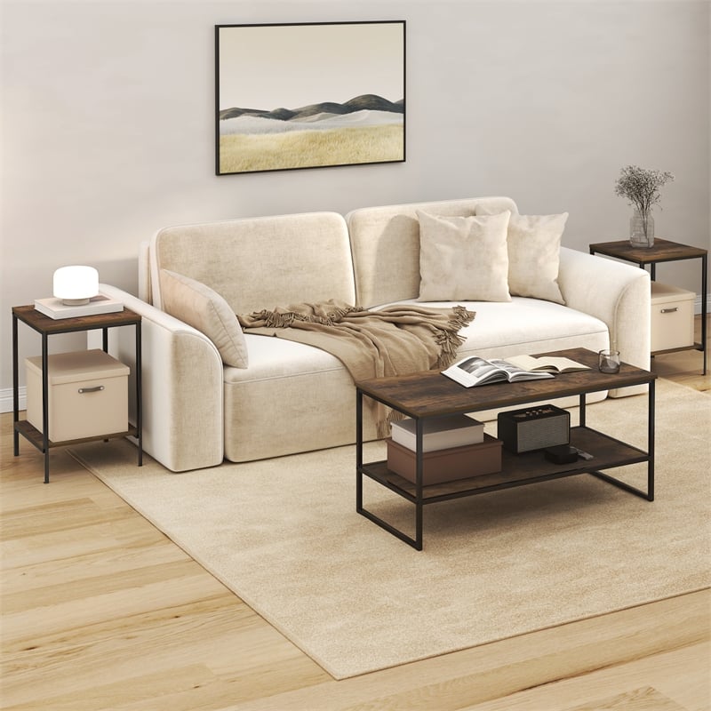 Pemberly Row Set of 3 Metal Frame 2-Tier Coffee Table in Amber Pine