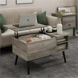 Pemberly Row Lift Top Coffee Table with Hidden Compartment in Grey Oak