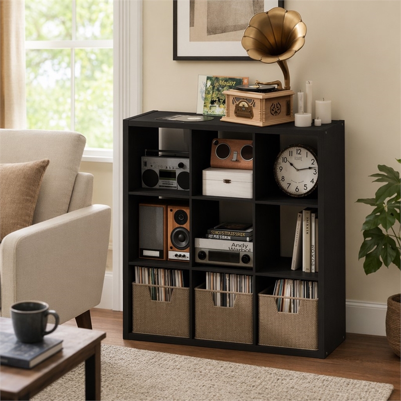 Pemberly Row 9 Cube Vinyl Record Media Storage Organizer in Dark Oak Finish