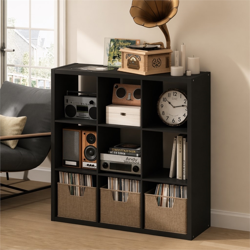 Pemberly Row 9 Cube Vinyl Record Media Storage Organizer in Dark Oak Finish