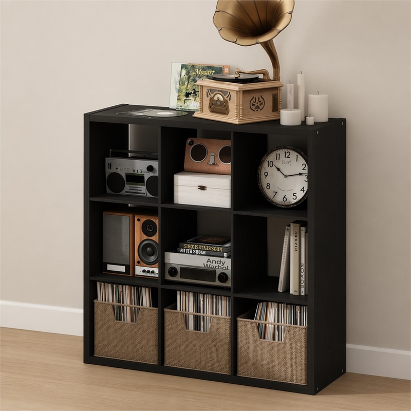 Pemberly Row 9 Cube Vinyl Record Media Storage Organizer in Dark Oak Finish