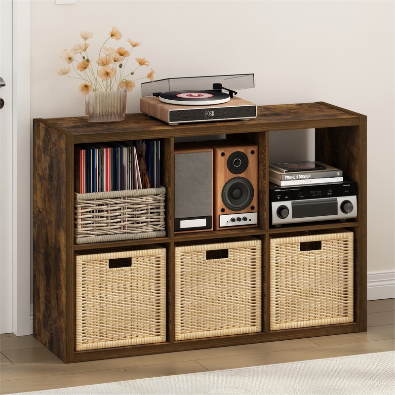 Pemberly Row 6 Cube Vinyl Record Media Storage Organizer in Amber Pine