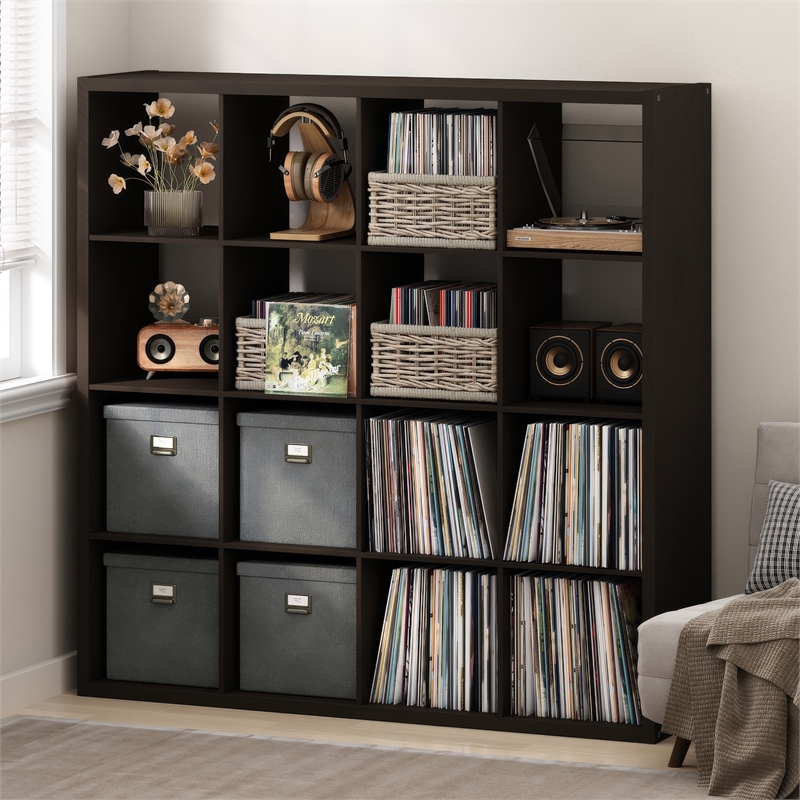 Pemberly Row 16 Cube Vinyl Record Media Storage Organizer in Dark Oak
