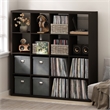 Pemberly Row 16 Cube Vinyl Record Media Storage Organizer in Dark Oak