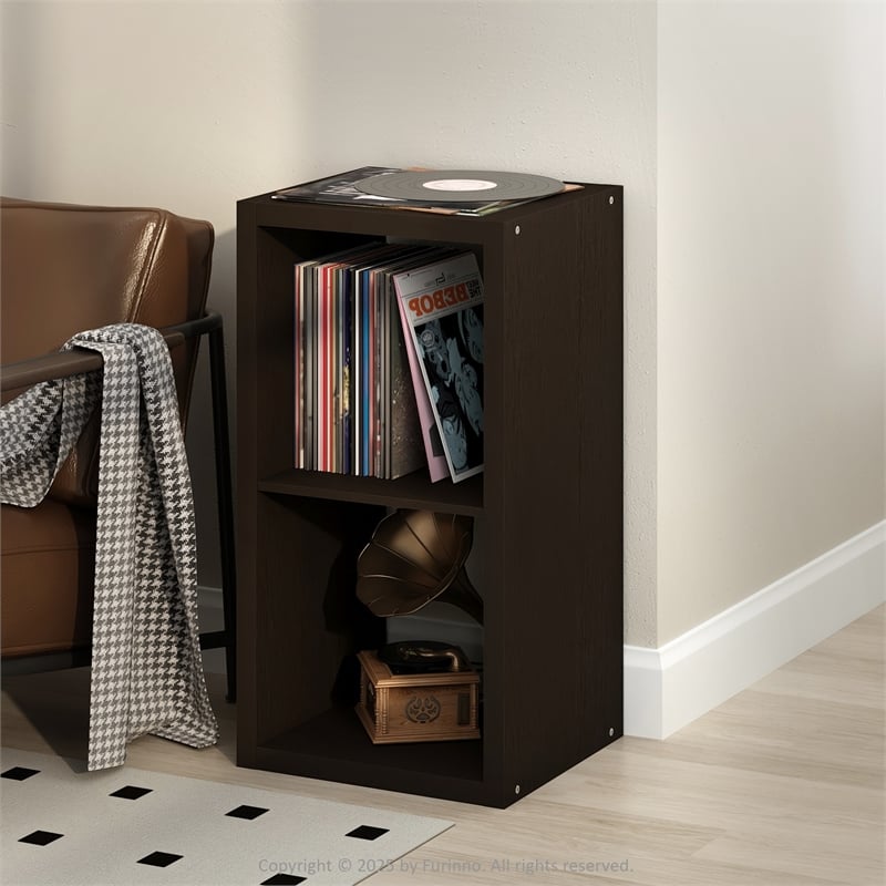 Pemberly Row 2 Cube Vinyl Record Media Storage Organizer in Dark Oak Finish