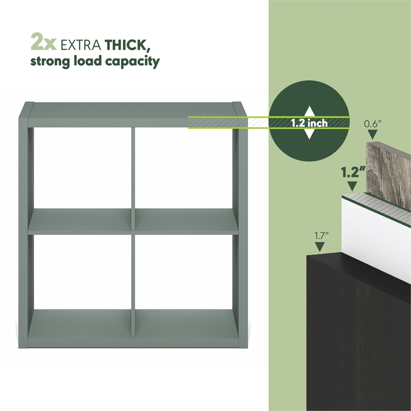 Pemberly Row 4 Cube Thick Frame Reversible Open Back Bookcase in Sage Green