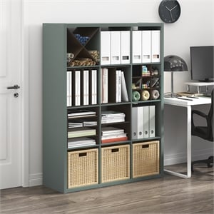 Pemberly Row 12 Cube Thick Frame Reversible Open Back Bookcase in Sage Green