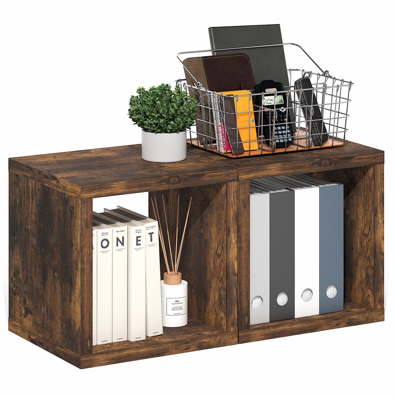 Pemberly Row Set of 2 Stackable Cube Shelves with Thick Panels in Amber Pine