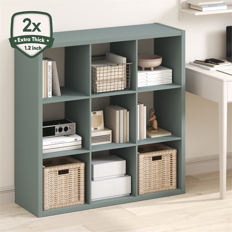 Pemberly Row 9 Cube Thick Frame Reversible Open Back Bookcase in Sage Green