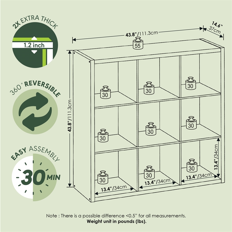 Pemberly Row 9 Cube Thick Frame Reversible Open Back Bookcase in Sage Green