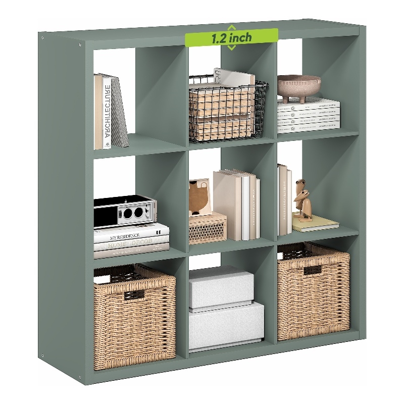 Pemberly Row 9 Cube Thick Frame Reversible Open Back Bookcase in Sage Green