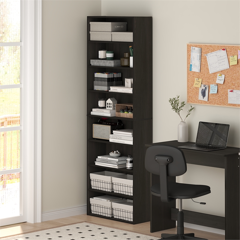 Pemberly Row 8 Tier Open Bookcase Storage Organizer with Closed Back in Espresso