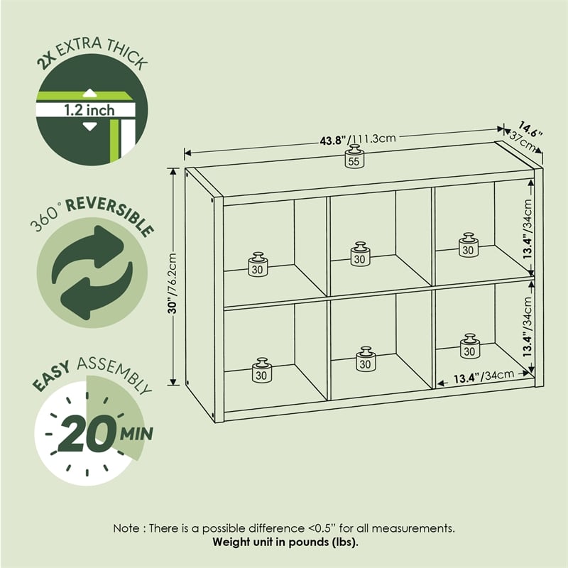 Pemberly Row 6 Cube Thick Frame Reversible Open Back Bookcase in Sage Green