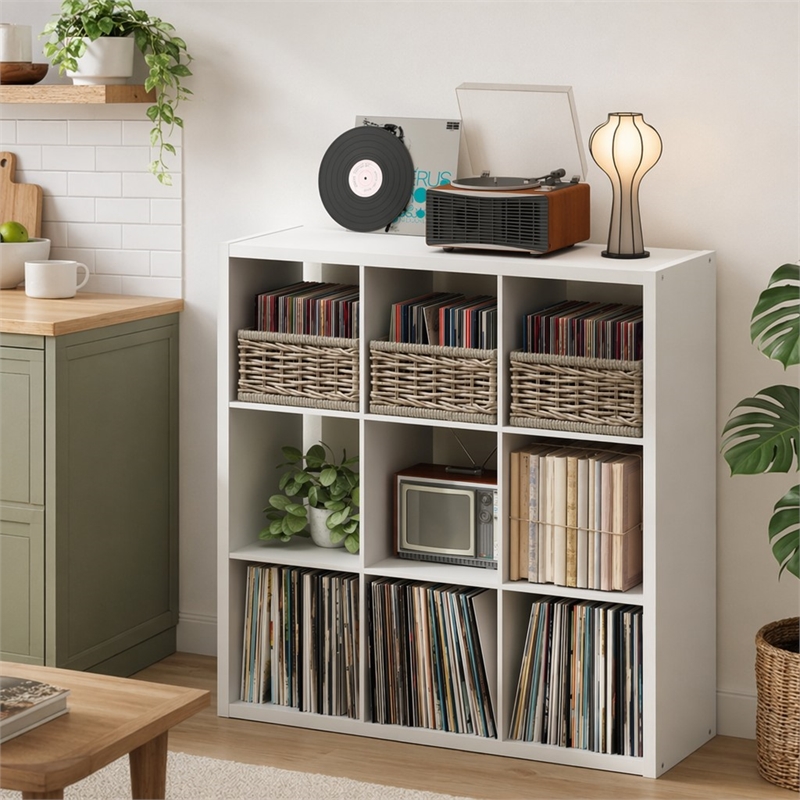 Pemberly Row 9 Cube Vinyl Record Media Storage Organizer in White Finish