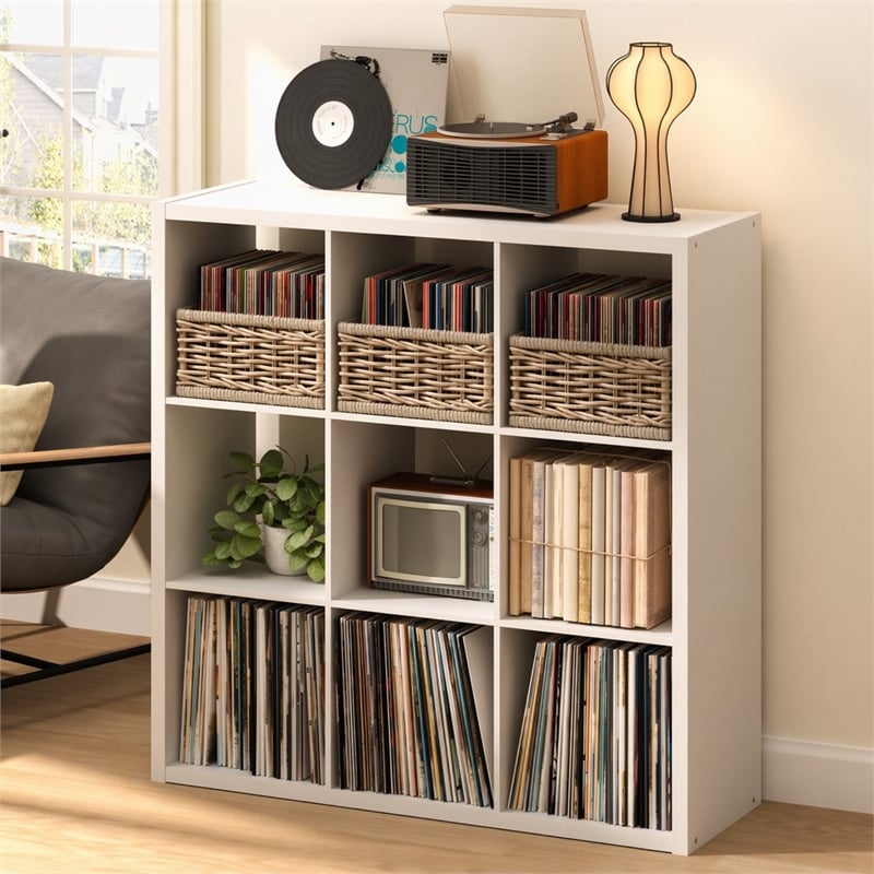 Pemberly Row 9 Cube Vinyl Record Media Storage Organizer in White Finish