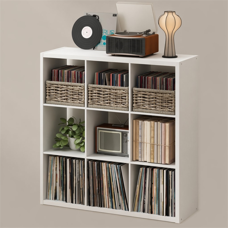 Pemberly Row 9 Cube Vinyl Record Media Storage Organizer in White Finish