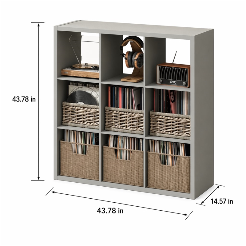 Pemberly Row 9 Cube Vinyl Record Media Storage Organizer in Light Grey
