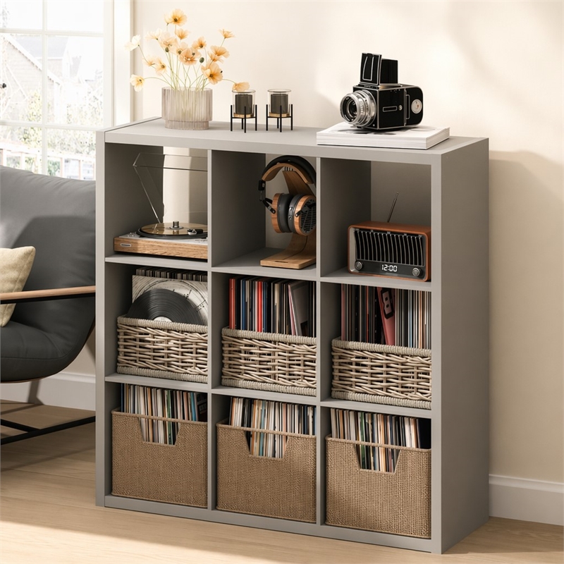 Pemberly Row 9 Cube Vinyl Record Media Storage Organizer in Light Grey