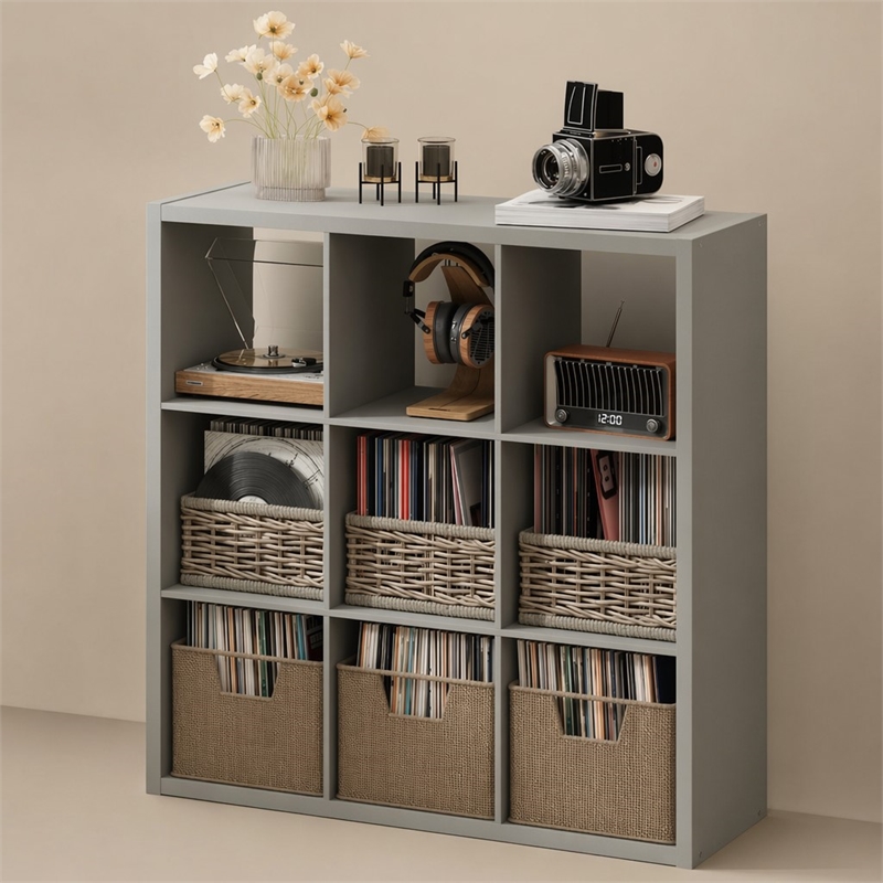 Pemberly Row 9 Cube Vinyl Record Media Storage Organizer in Light Grey