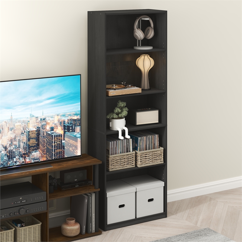 Pemberly Row 5 Tier Media Storage Tower with Adjustable Shelves in Blackwood