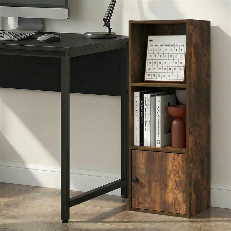Pemberly Row 3 Tier Bookcase with Door Cabinet and Closed Back in Amber Pine