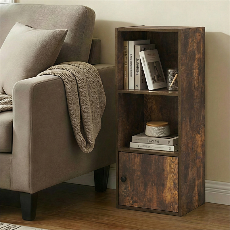 Pemberly Row 3 Tier Bookcase with Door Cabinet and Closed Back in Amber Pine
