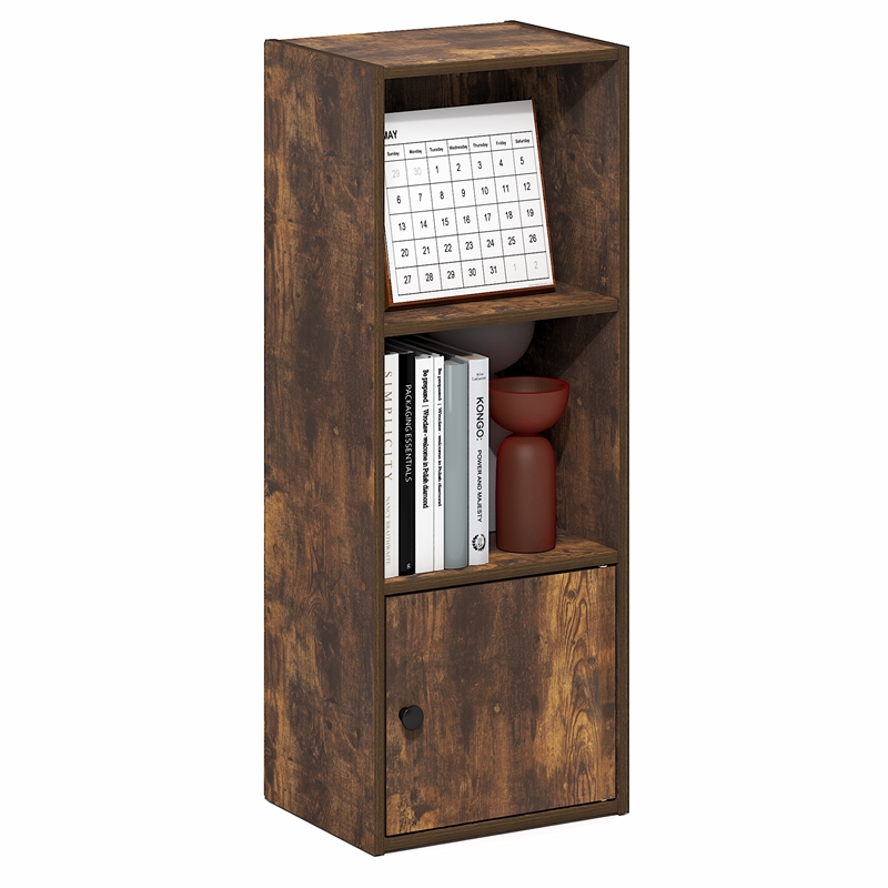 Pemberly Row 3 Tier Bookcase with Door Cabinet and Closed Back in Amber Pine
