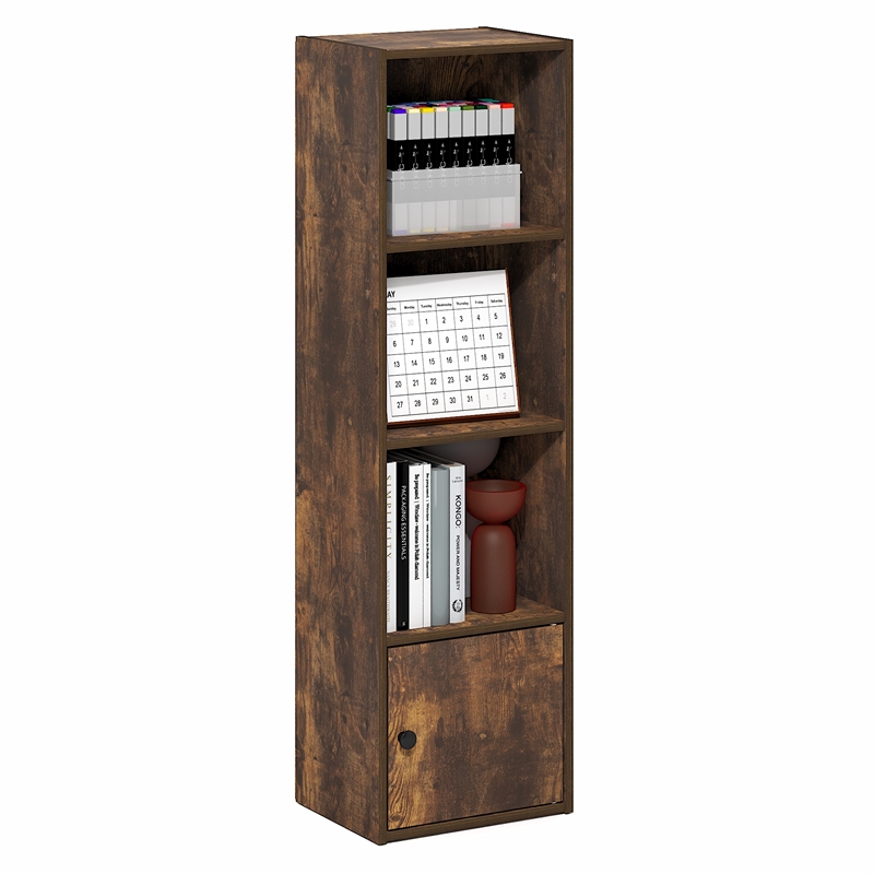 Pemberly Row 4 Tier Bookcase with Door Cabinet and Closed Back in Amber Pine
