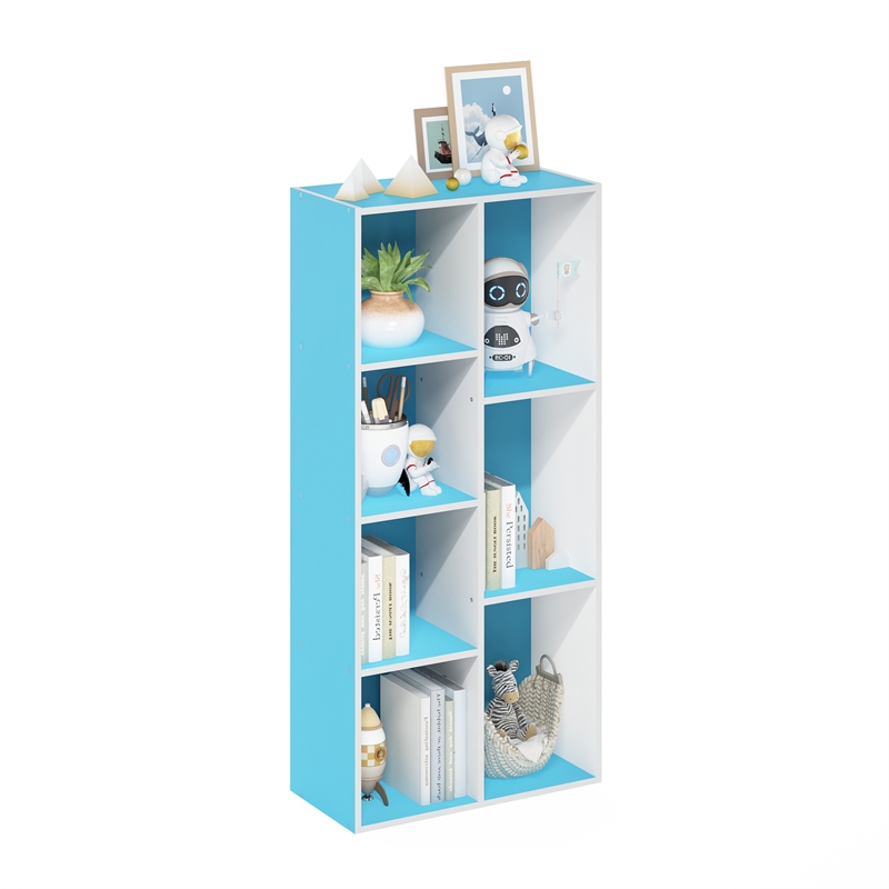 Pemberly Row 7 Cube Open Shelf Bookcase with Closed Back in White Light Blue