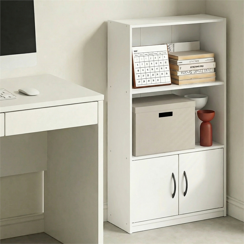 Pemberly Row 3 Tier Bookcase with Open Shelves and Door Cabinet in White