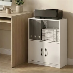 Pemberly Row 2 Tier Bookcase with Open Shelf and Door Cabinet in White