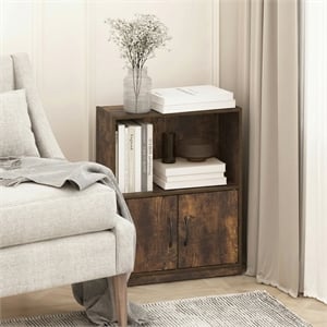Pemberly Row 2 Tier Bookcase with Open Shelf and Door Cabinet in Amber Pine
