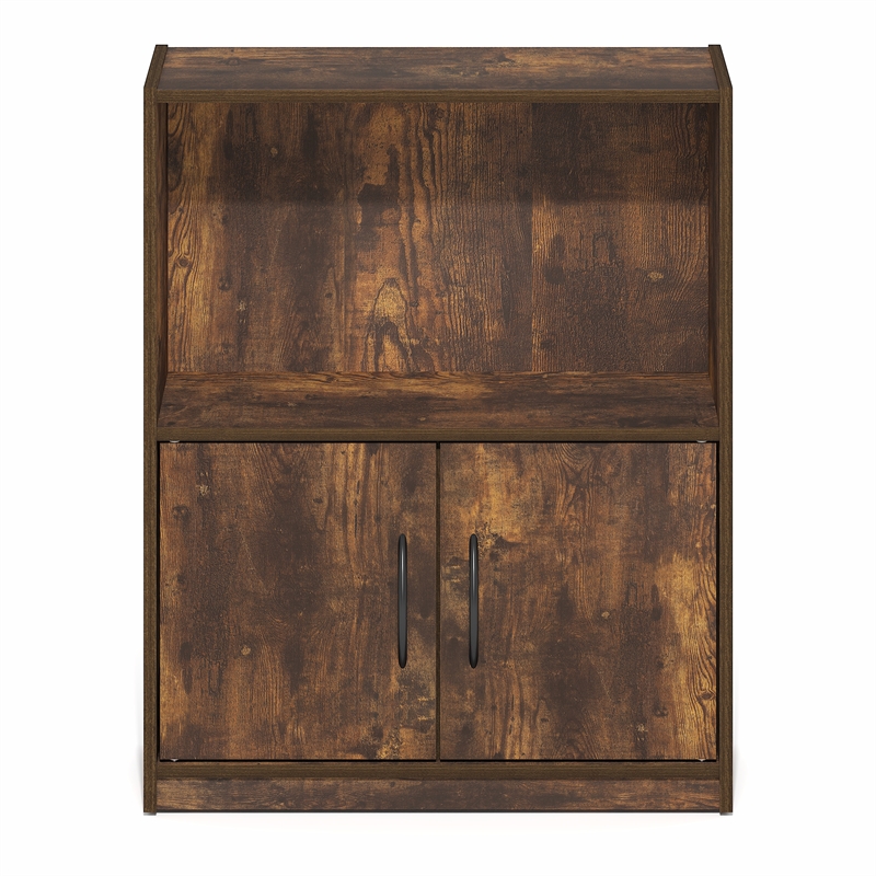Pemberly Row 2 Tier Bookcase with Open Shelf and Door Cabinet in Amber Pine