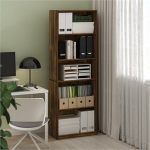 Pemberly Row 5 Tier Bookshelf with Adjustable Shelves in Amber Oak Finish