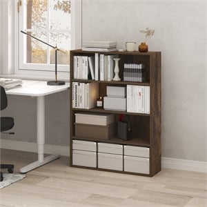 Pemberly Row 4 Tier Wide Open Shelf Bookcase with Closed Back in Amber Pine