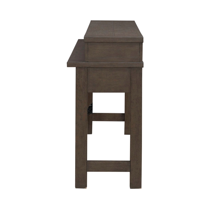 Pemberly Row Console Bar Table with Charging Station and Cubby in Brown