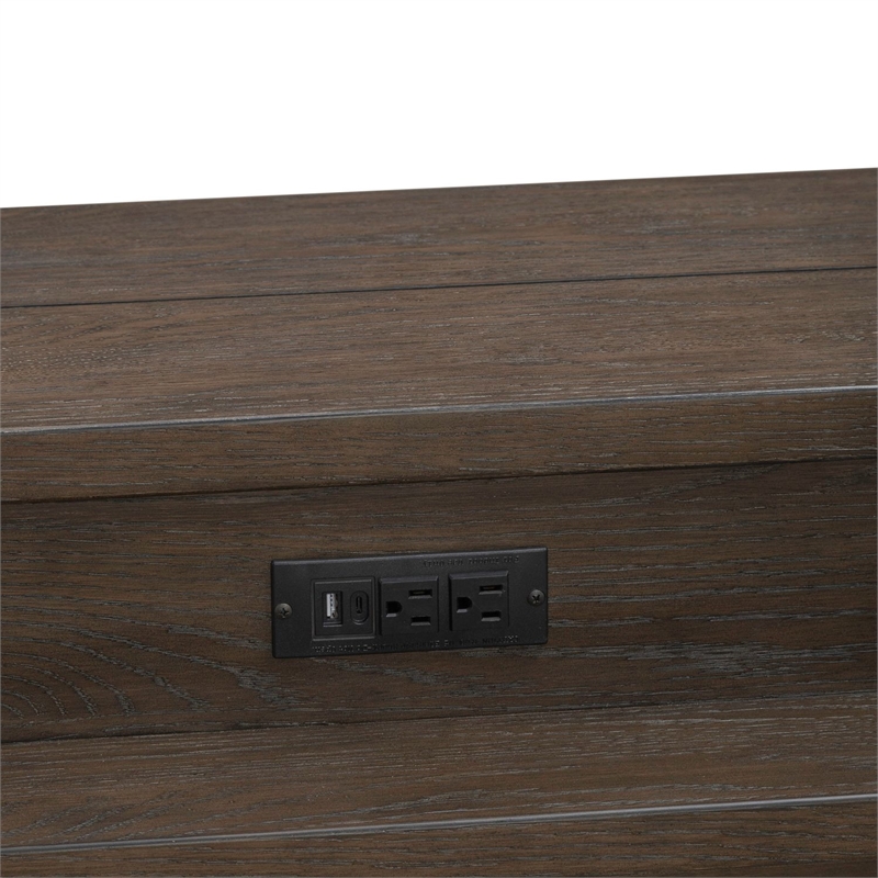 Pemberly Row Console Bar Table with Charging Station and Cubby in Brown