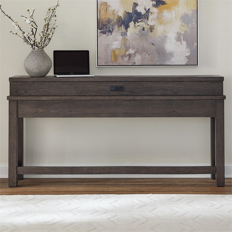 Pemberly Row Console Bar Table with Charging Station and Cubby in Brown