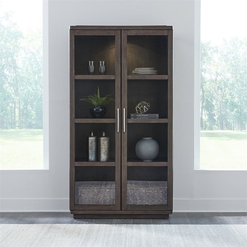 Pemberly Row Display Cabinet with Glass Doors and LED Lighting in Brown