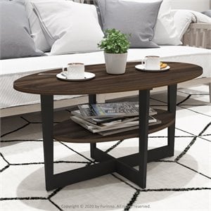 Pemberly Row Oval Coffee Table with Built-In Display Shelf in Walnut and Black