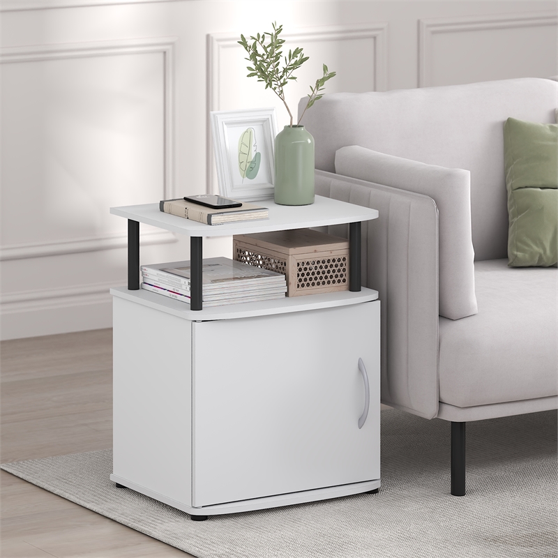 Pemberly Row Side Table with Door Cabinet and Open Display Shelf in White