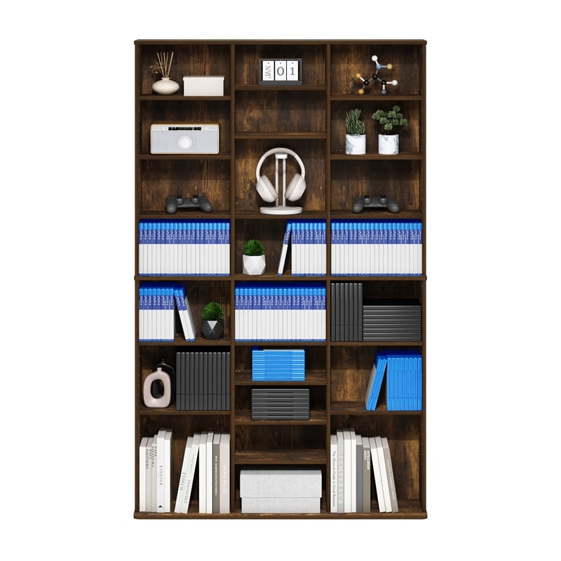 Pemberly Row 24 Shelf Multimedia Storage Tower with Wall Mount Kit in Amber Pine