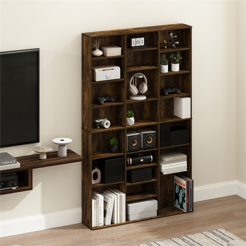 Pemberly Row 24 Shelf Multimedia Storage Tower with Wall Mount Kit in Amber Pine
