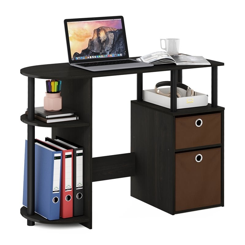 Pemberly Row Computer Study Desk with Bin Drawers and Shelves in Espresso
