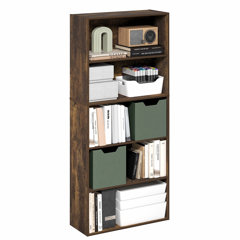 Pemberly Row 5 Tier Adjustable Bookshelf 52 Inch Tall in Amber Pine Finish
