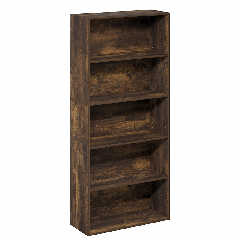 Pemberly Row 5 Tier Adjustable Bookshelf 52 Inch Tall in Amber Pine Finish