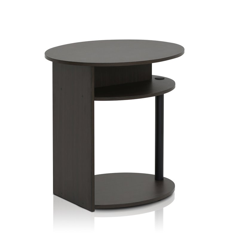 Pemberly Row Oval End Table with Open Shelves and Storage Bin in Walnut
