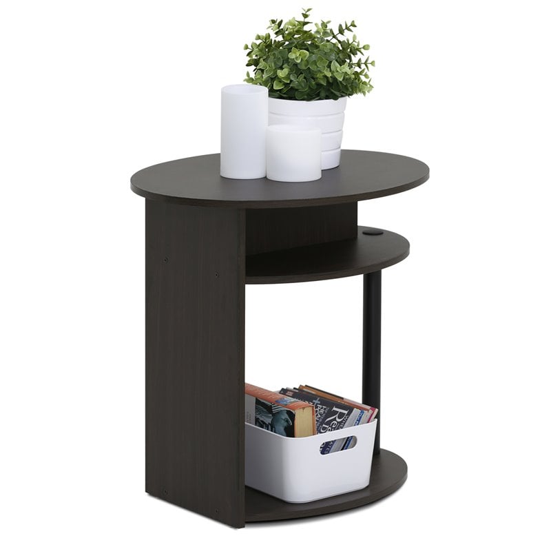 Pemberly Row Oval End Table with Open Shelves and Storage Bin in Walnut