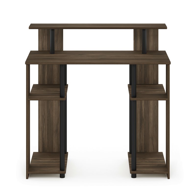 Pemberly Row Computer Writing Desk with Side Shelves in Walnut and Black