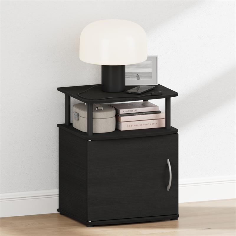 Pemberly Row Nightstand with Open Shelf and Door Cabinet in Black Finish